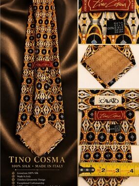 Tino Cosma Silk Tie in Gold and Black Geometric Pattern. Made in Italy